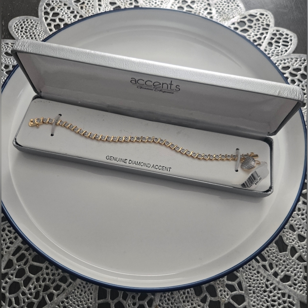 Accents Gold Tone Tennis Bracelet Heart Charm Diamond Accent